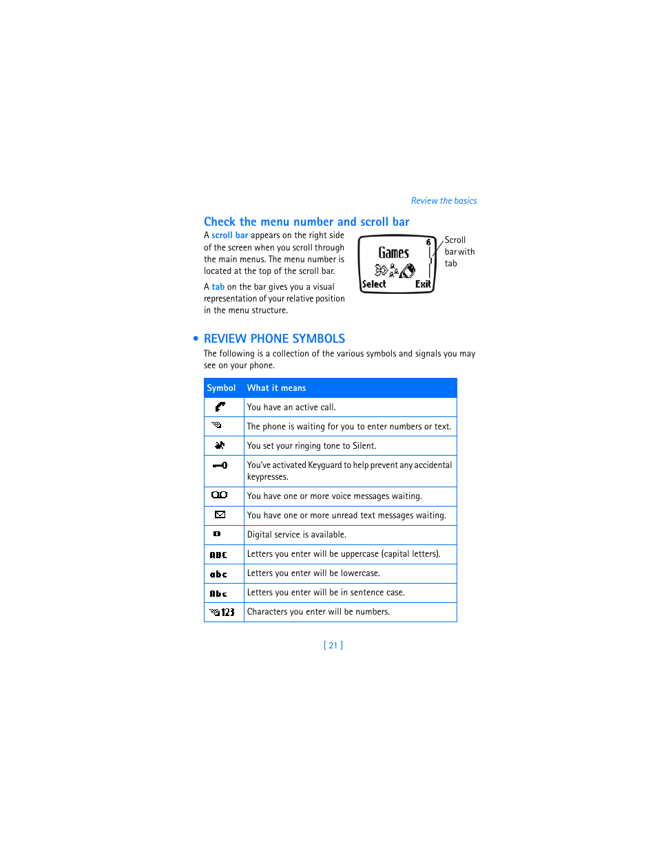 Check the menu number and scroll bar, Review phone symbols | Nokia 3360 User Manual | Page 30 / 178