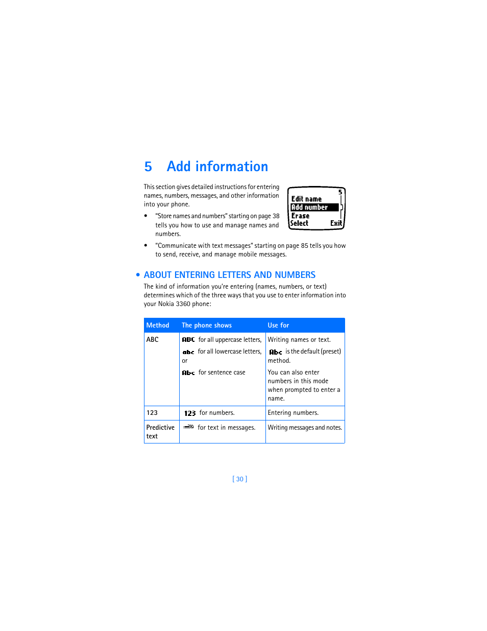 5 add information, About entering letters and numbers, Add information | 5add information | Nokia 3360 User Manual | Page 39 / 178