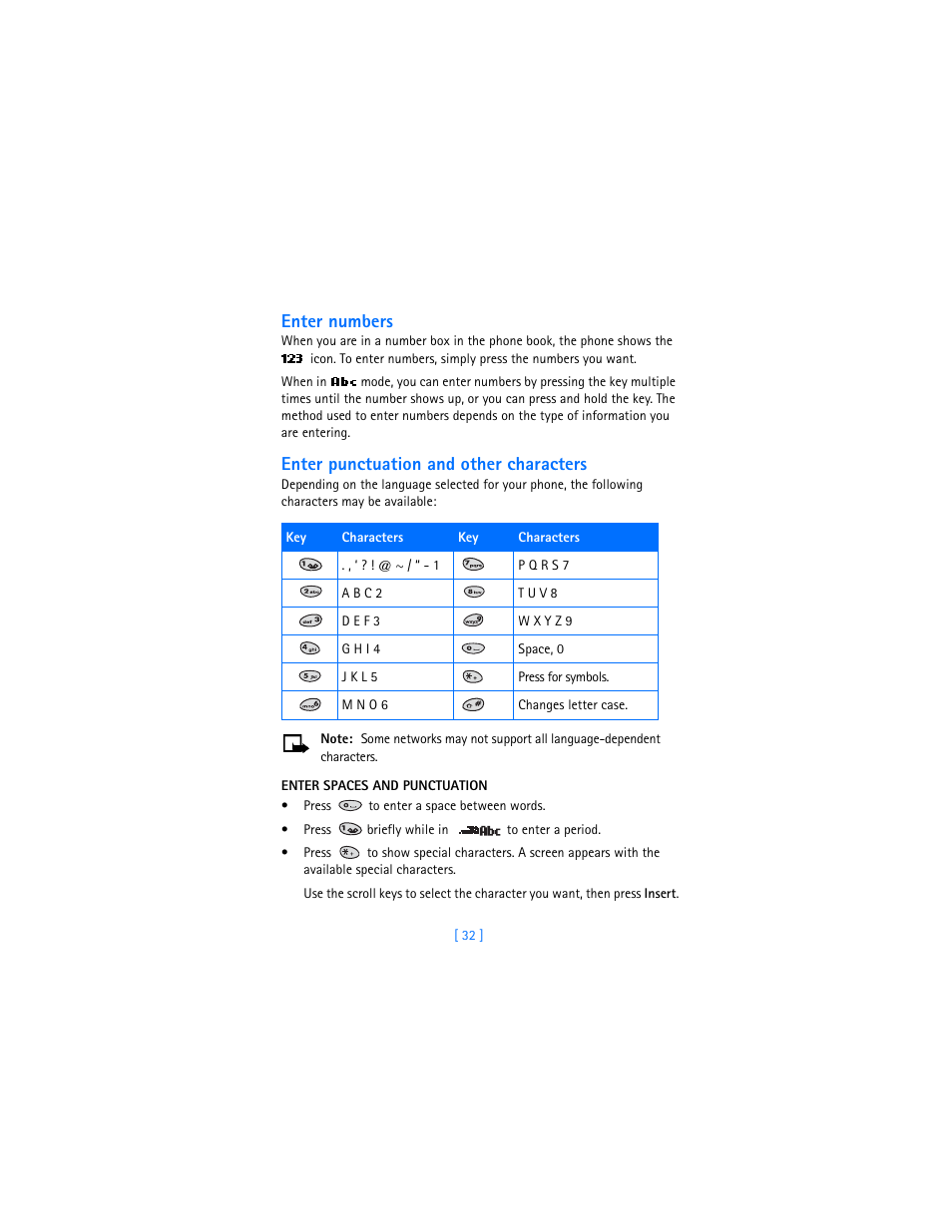 Enter numbers, Enter punctuation and other characters, Enter spaces and punctuation | Nokia 3360 User Manual | Page 41 / 178