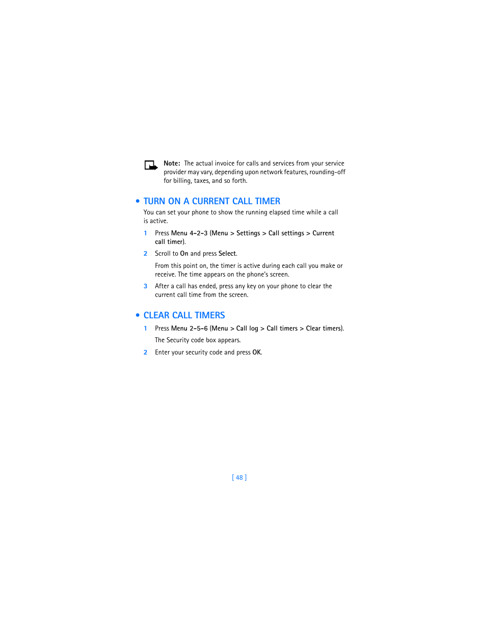 Turn on a current call timer, 2 scroll to on and press select, Clear call timers | 2 enter your security code and press ok, Turn on a current call timer clear call timers | Nokia 3360 User Manual | Page 57 / 178