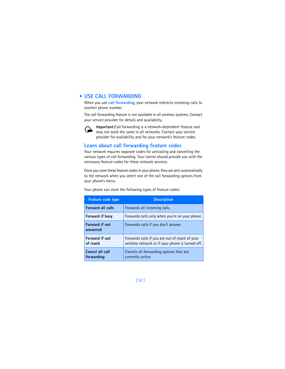 Use call forwarding, Learn about call forwarding feature codes | Nokia 3360 User Manual | Page 61 / 178