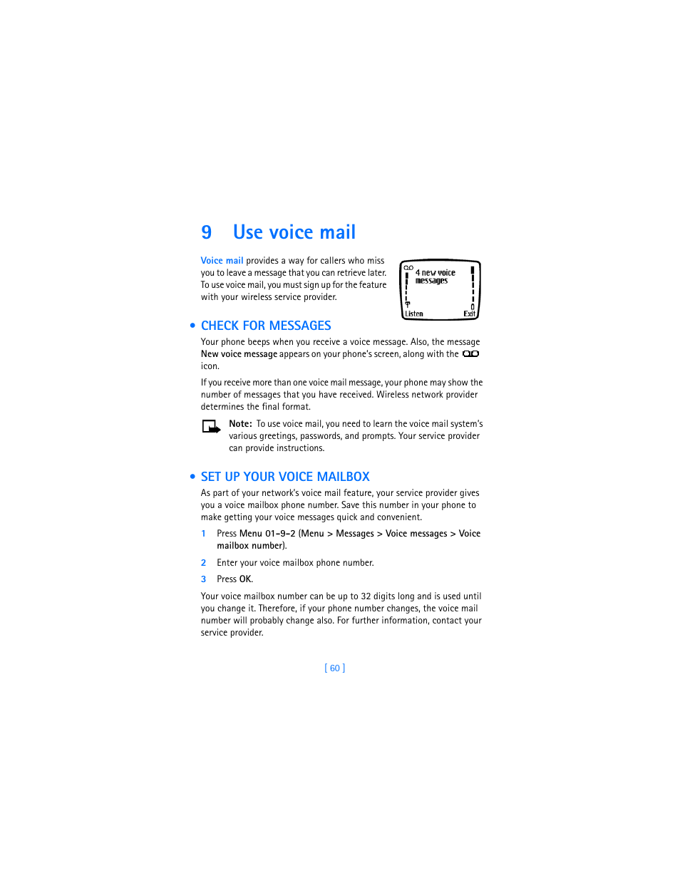 9 use voice mail, Check for messages, Set up your voice mailbox | 2 enter your voice mailbox phone number, 3 press ok, Use voice mail, Check for messages set up your voice mailbox, 9use voice mail | Nokia 3360 User Manual | Page 69 / 178