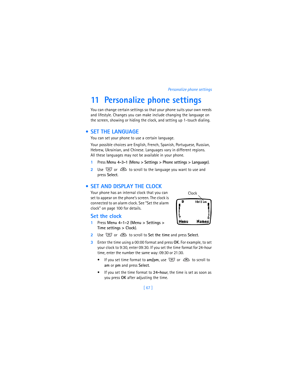 11 personalize phone settings, Set the language, Set and display the clock | Set the clock, Set the language set and display the clock | Nokia 3360 User Manual | Page 76 / 178