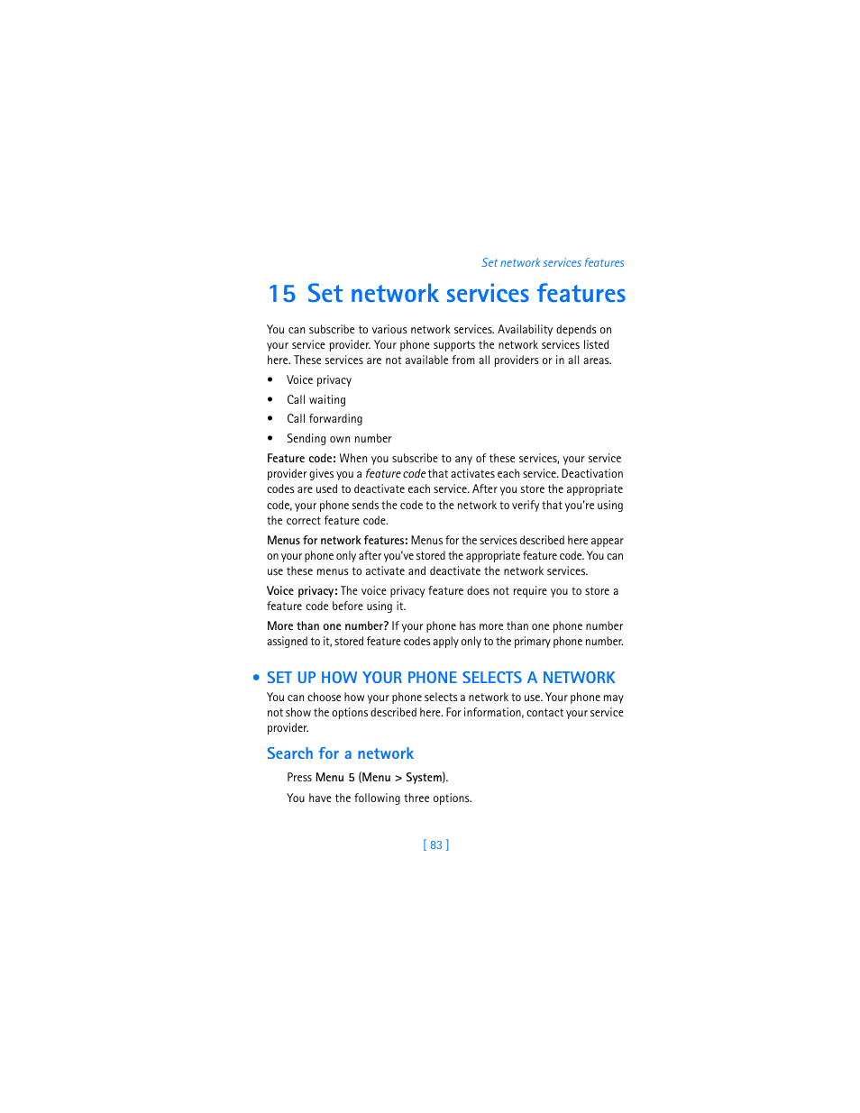 15 set network services features, Set up how your phone selects a network, Search for a network | Nokia 3360 User Manual | Page 92 / 178