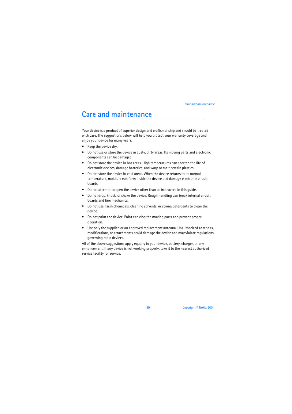 Care and maintenance | Nokia 3205 User Manual | Page 100 / 253