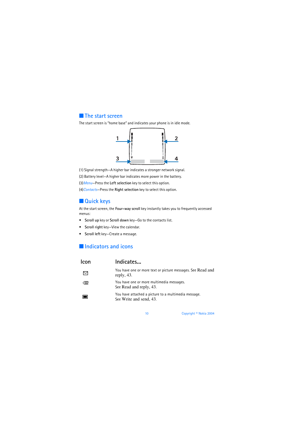 The start screen, Quick keys, Indicators and icons | Indicators and icons icon indicates | Nokia 3205 User Manual | Page 11 / 253