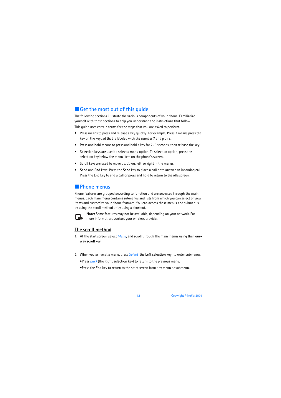 Get the most out of this guide, Phone menus, The scroll method | Nokia 3205 User Manual | Page 13 / 253
