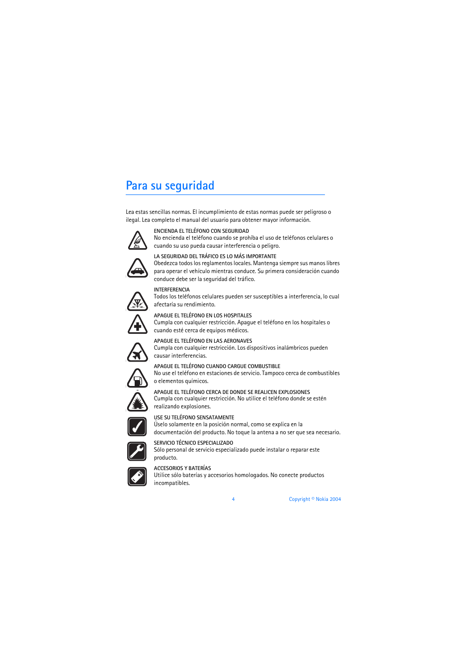 Para su seguridad, Seguridad | Nokia 3205 User Manual | Page 130 / 253