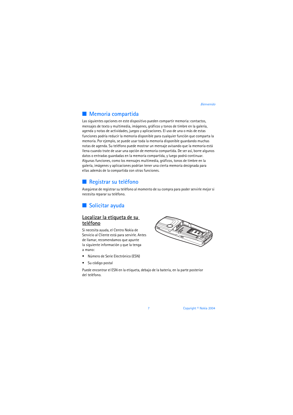 Memoria compartida, Registrar su teléfono, Solicitar ayuda | Localizar la etiqueta de su teléfono | Nokia 3205 User Manual | Page 133 / 253