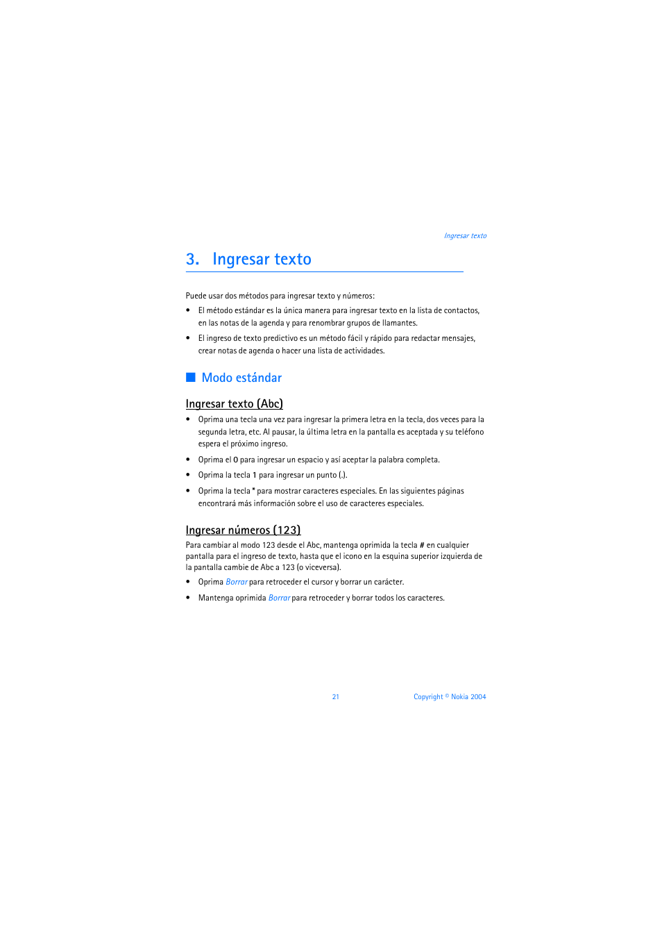 Ingresar texto, Modo estándar, Ingresar texto (abc) | Ingresar números (123) | Nokia 3205 User Manual | Page 147 / 253
