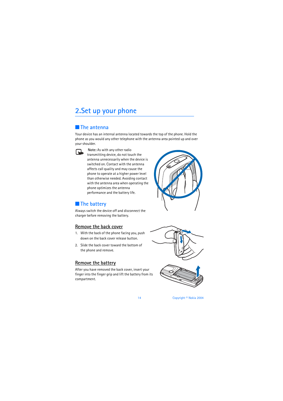 Set up your phone, The antenna, The battery | Graphic | Nokia 3205 User Manual | Page 15 / 253