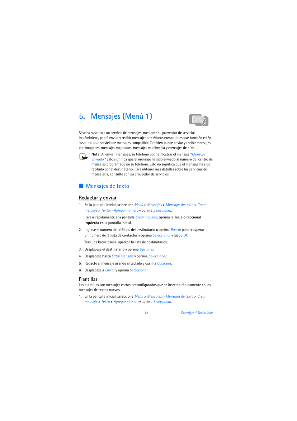 Mensajes (menú 1), Mensajes de texto, Redactar y enviar | Plantillas | Nokia 3205 User Manual | Page 158 / 253