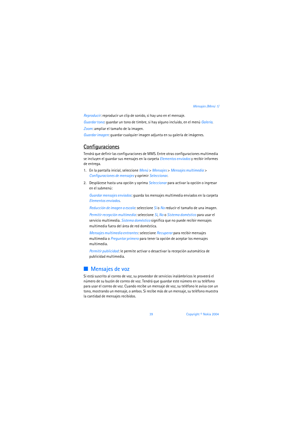 Configuraciones, Mensajes de voz, Te mensajes de voz, pág. 39 | Nokia 3205 User Manual | Page 165 / 253