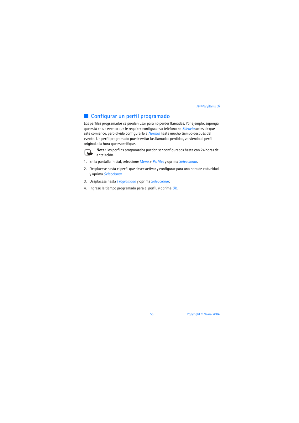 Configurar un perfil programado | Nokia 3205 User Manual | Page 181 / 253