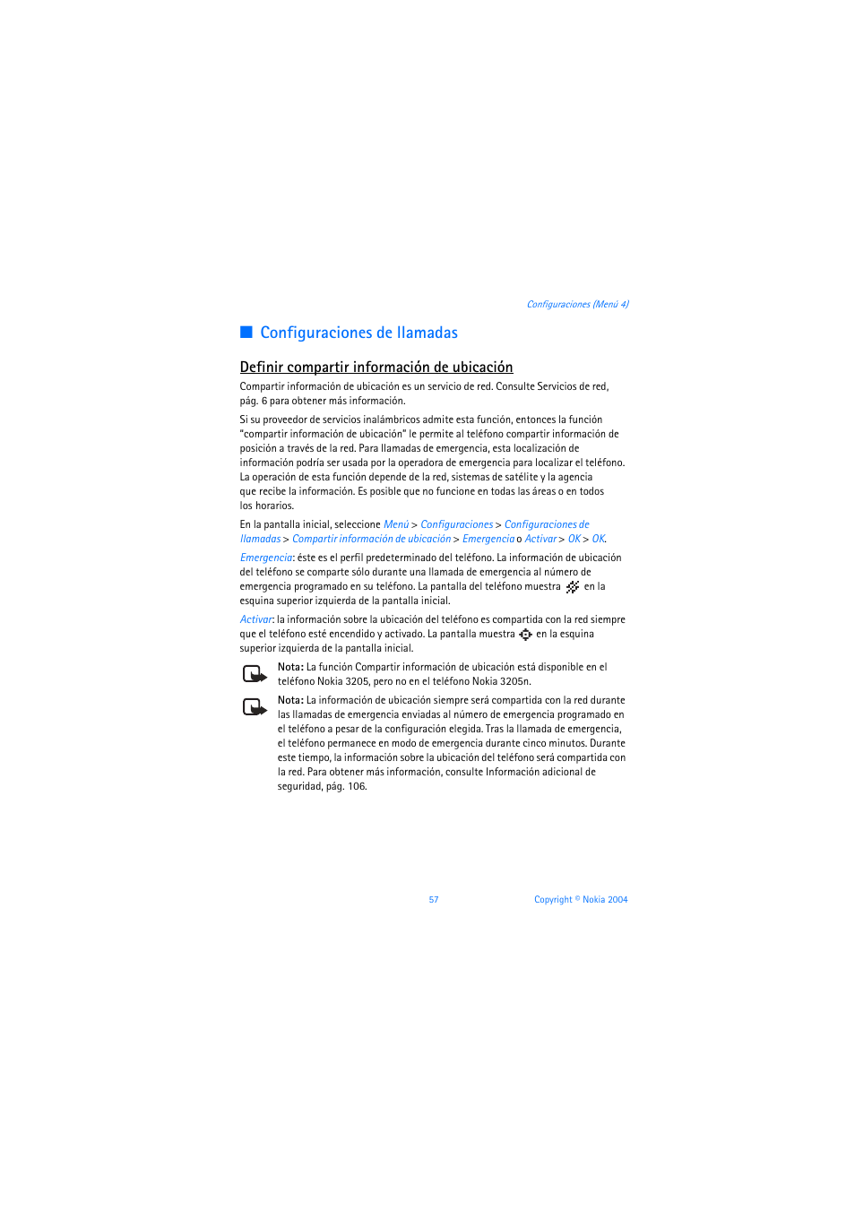 Configuraciones de llamadas, Definir compartir información de ubicación | Nokia 3205 User Manual | Page 183 / 253