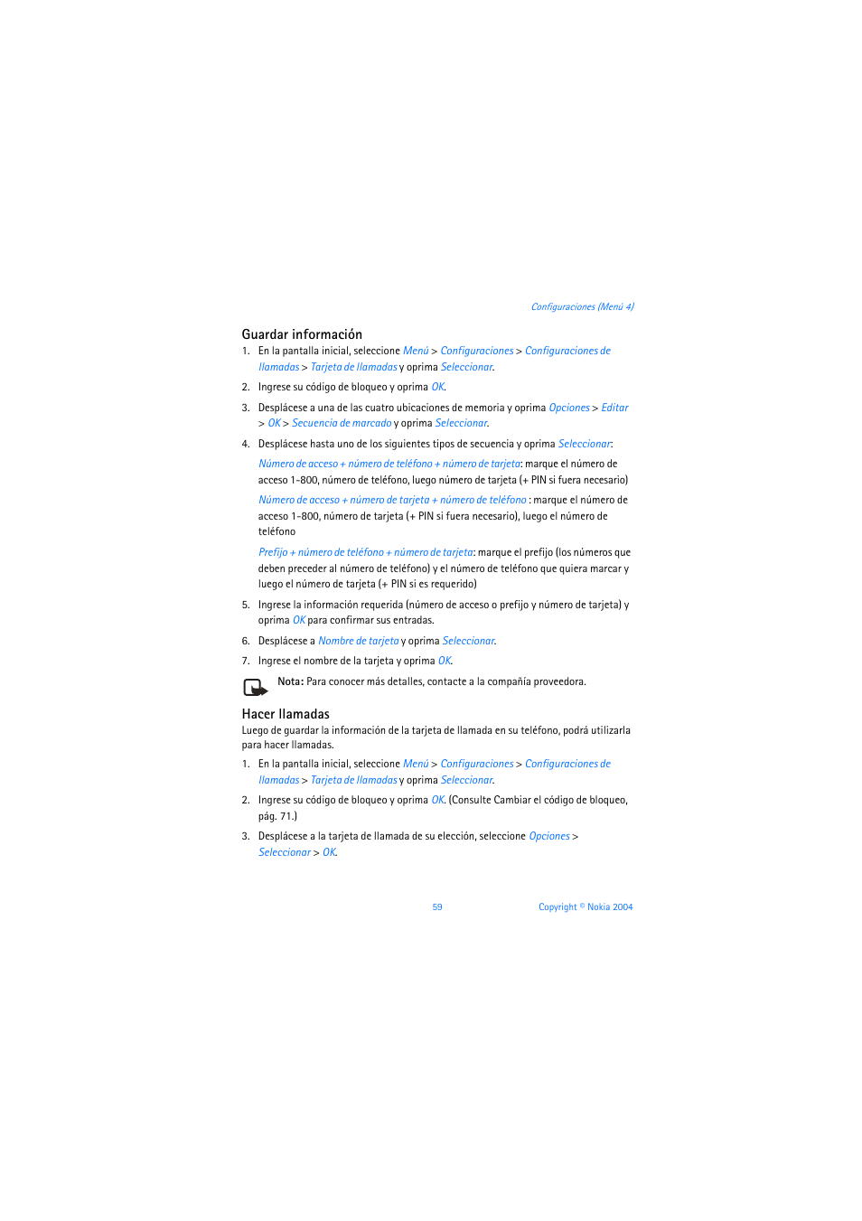 Guardar información, Hacer llamadas | Nokia 3205 User Manual | Page 185 / 253