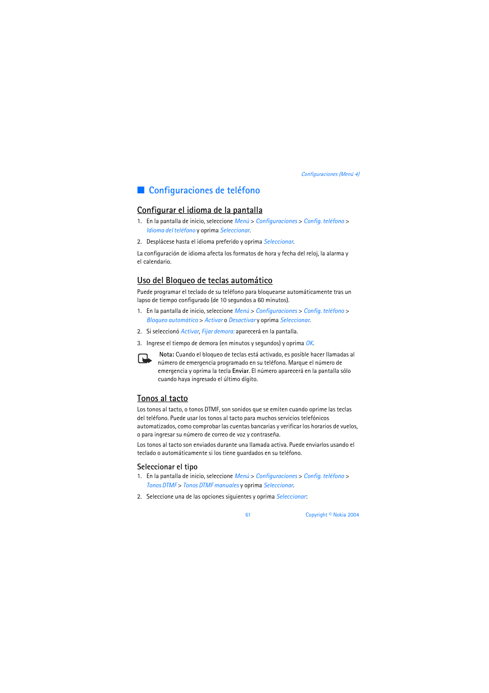 Configuraciones de teléfono, Configurar el idioma de la pantalla, Uso del bloqueo de teclas automático | Tonos al tacto, Seleccionar el tipo | Nokia 3205 User Manual | Page 187 / 253