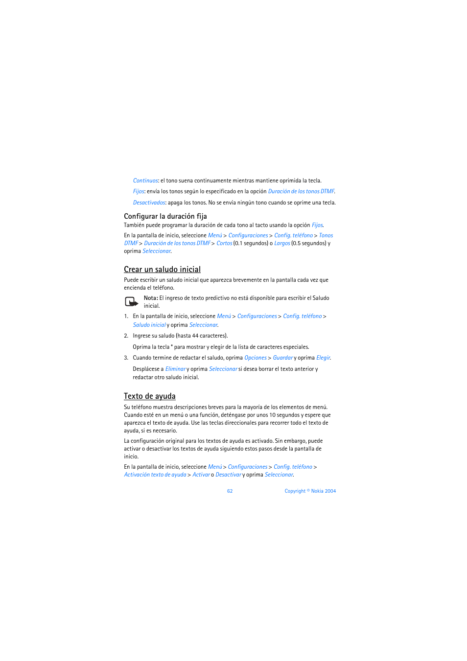 Configurar la duración fija, Crear un saludo inicial, Texto de ayuda | Nokia 3205 User Manual | Page 188 / 253