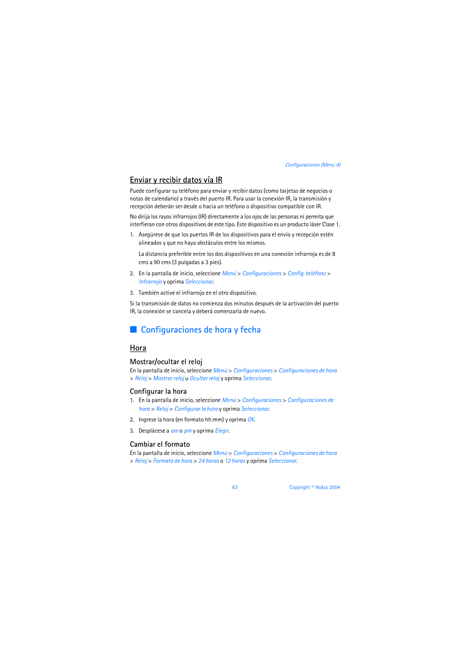 Enviar y recibir datos vía ir, Configuraciones de hora y fecha, Hora | Mostrar/ocultar el reloj, Configurar la hora, Cambiar el formato | Nokia 3205 User Manual | Page 189 / 253