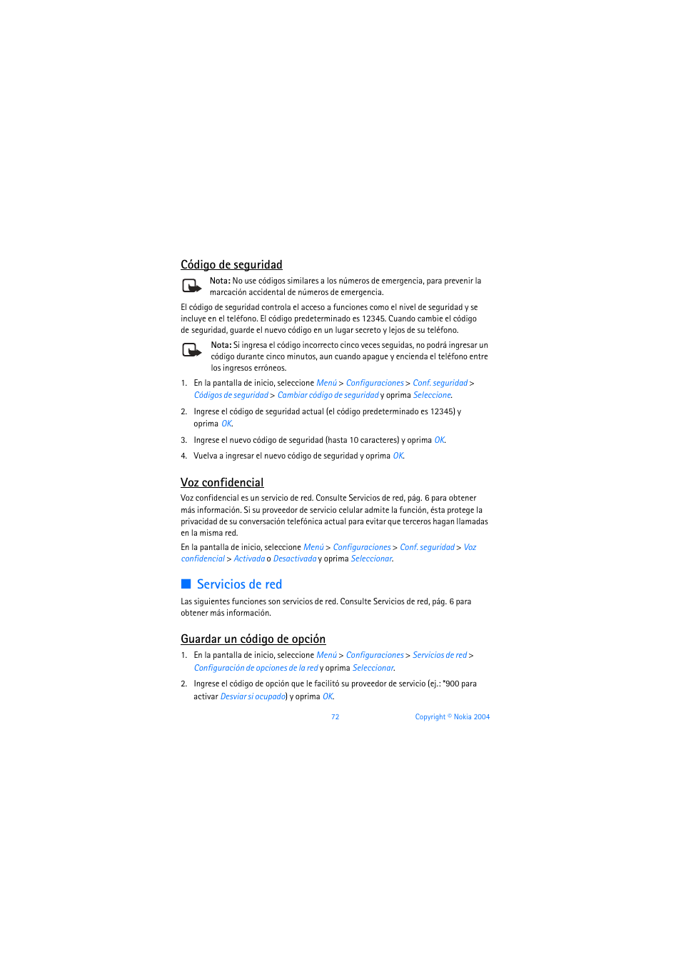 Código de seguridad, Voz confidencial, Servicios de red | Guardar un código de opción, Código de seguridad, pág. 72 | Nokia 3205 User Manual | Page 198 / 253