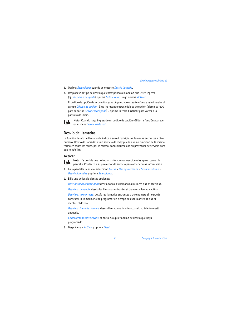 Desvío de llamadas, Activar, Desvío de llamadas, pág. 73 | Nokia 3205 User Manual | Page 199 / 253
