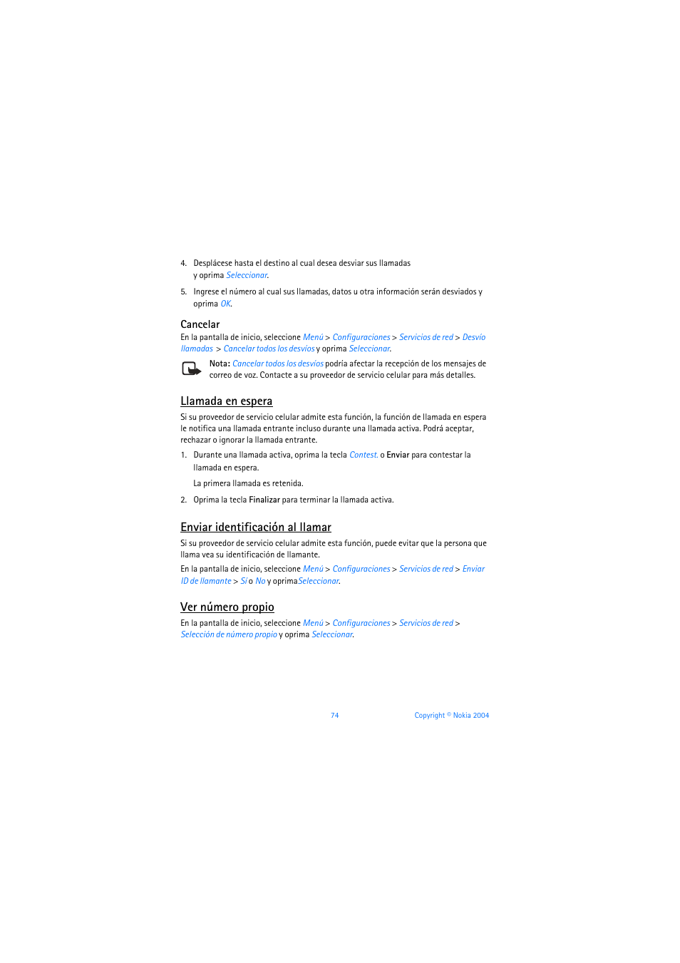 Cancelar, Llamada en espera, Enviar identificación al llamar | Ver número propio | Nokia 3205 User Manual | Page 200 / 253