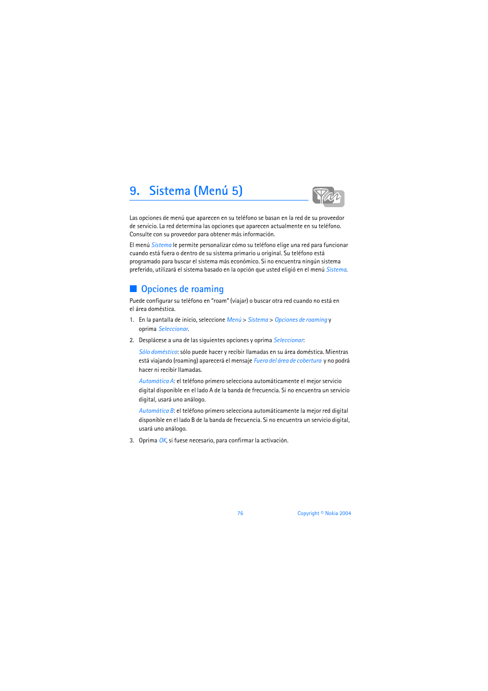 Sistema (menú 5), Opciones de roaming | Nokia 3205 User Manual | Page 202 / 253