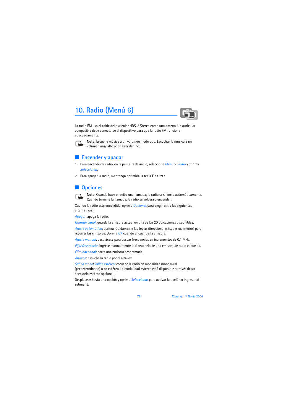 Radio (menú 6), Encender y apagar, Opciones | Nokia 3205 User Manual | Page 204 / 253