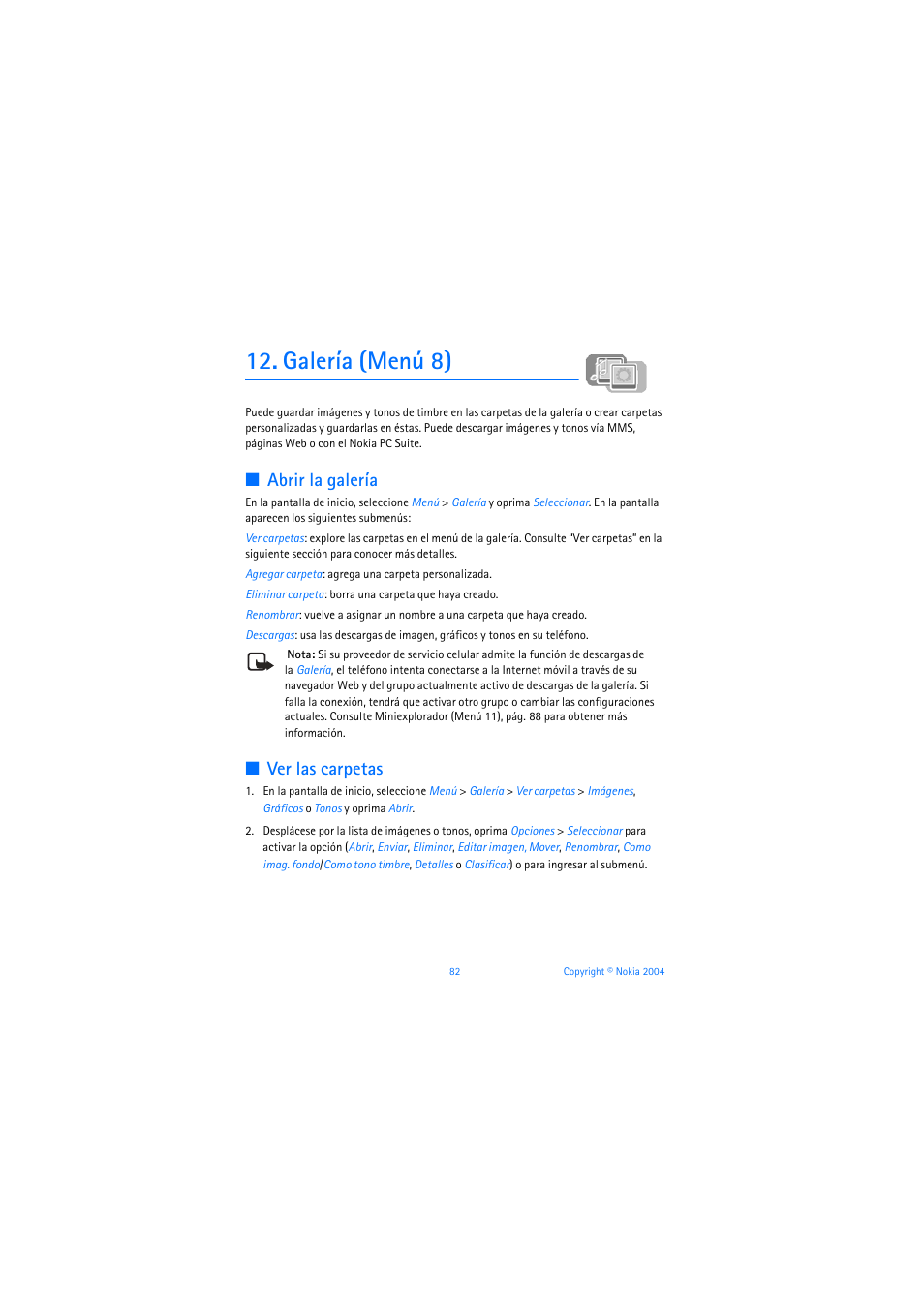 Galería (menú 8), Abrir la galería, Ver las carpetas | Nokia 3205 User Manual | Page 208 / 253