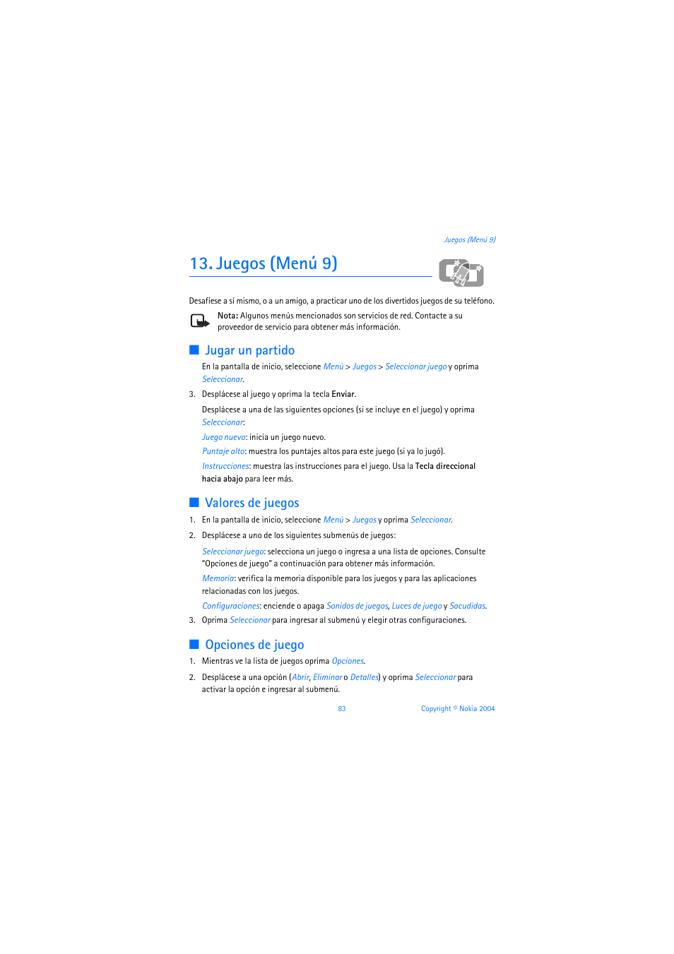 Juegos (menú 9), Jugar un partido, Valores de juegos | Opciones de juego | Nokia 3205 User Manual | Page 209 / 253