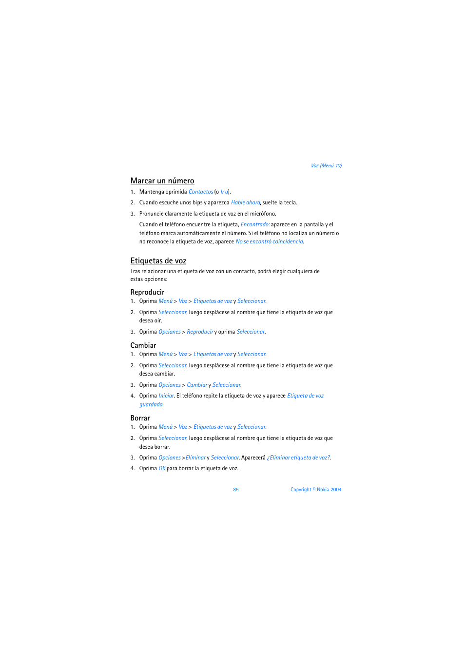 Marcar un número, Etiquetas de voz, Reproducir | Cambiar, Borrar | Nokia 3205 User Manual | Page 211 / 253