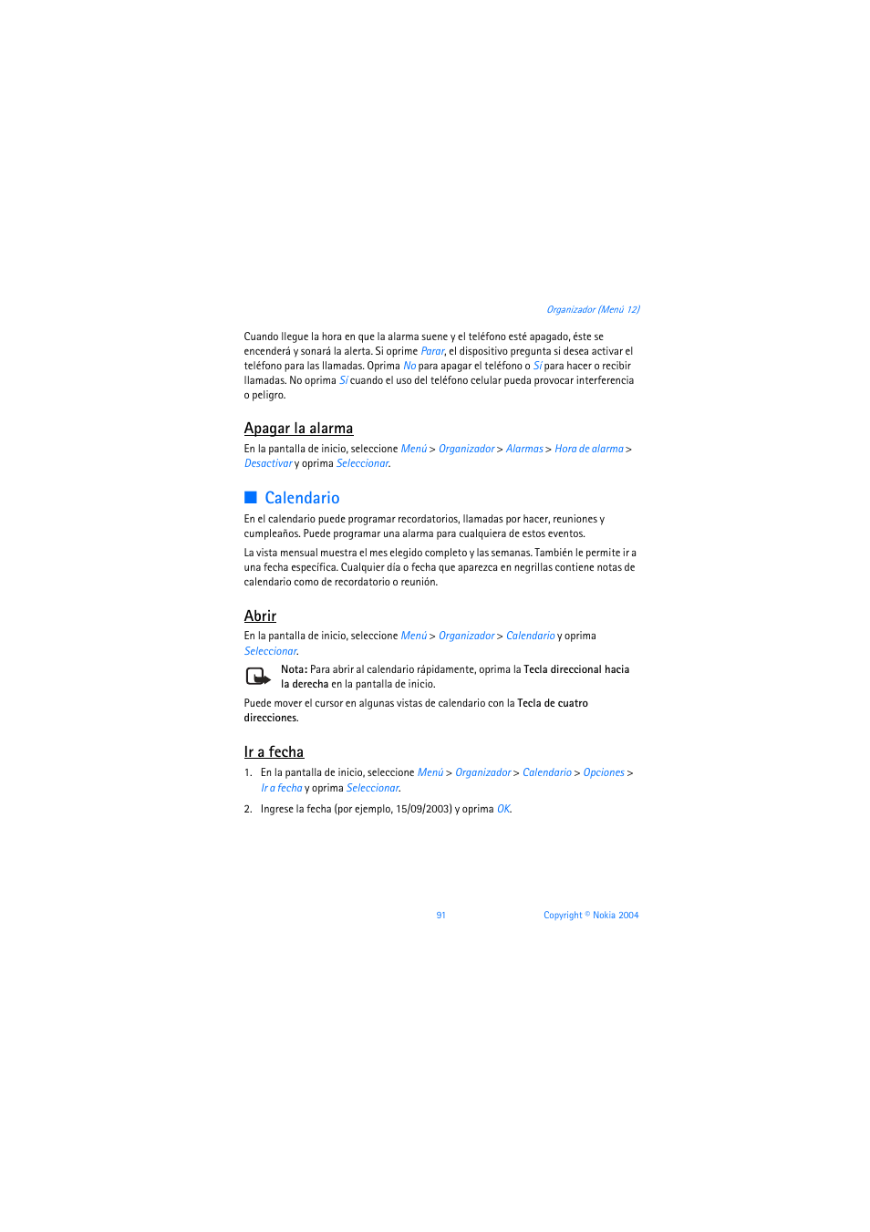 Apagar la alarma, Calendario, Abrir | Ir a fecha | Nokia 3205 User Manual | Page 217 / 253