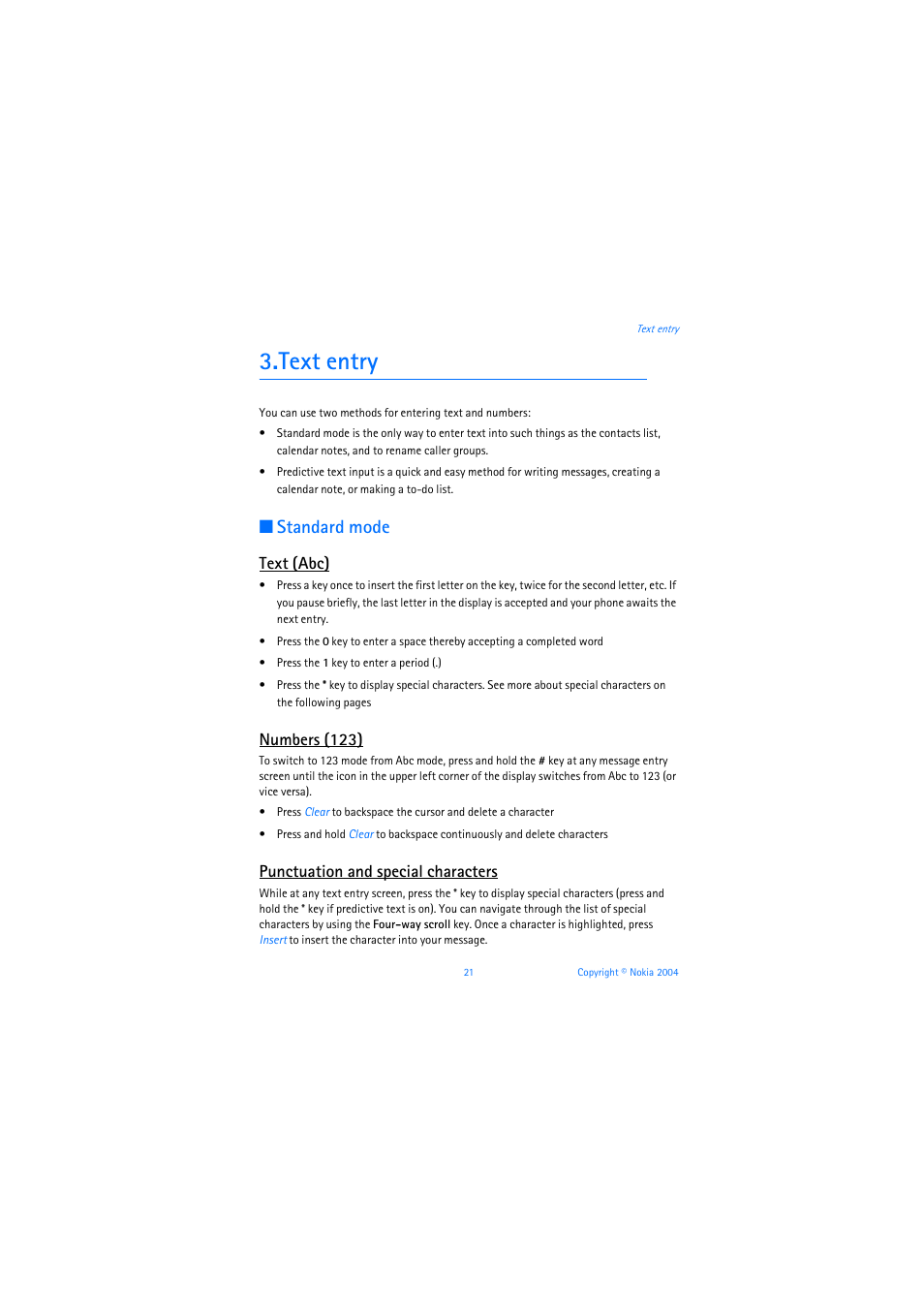 Text entry, Standard mode, Text (abc) | Numbers (123), Punctuation and special characters | Nokia 3205 User Manual | Page 22 / 253
