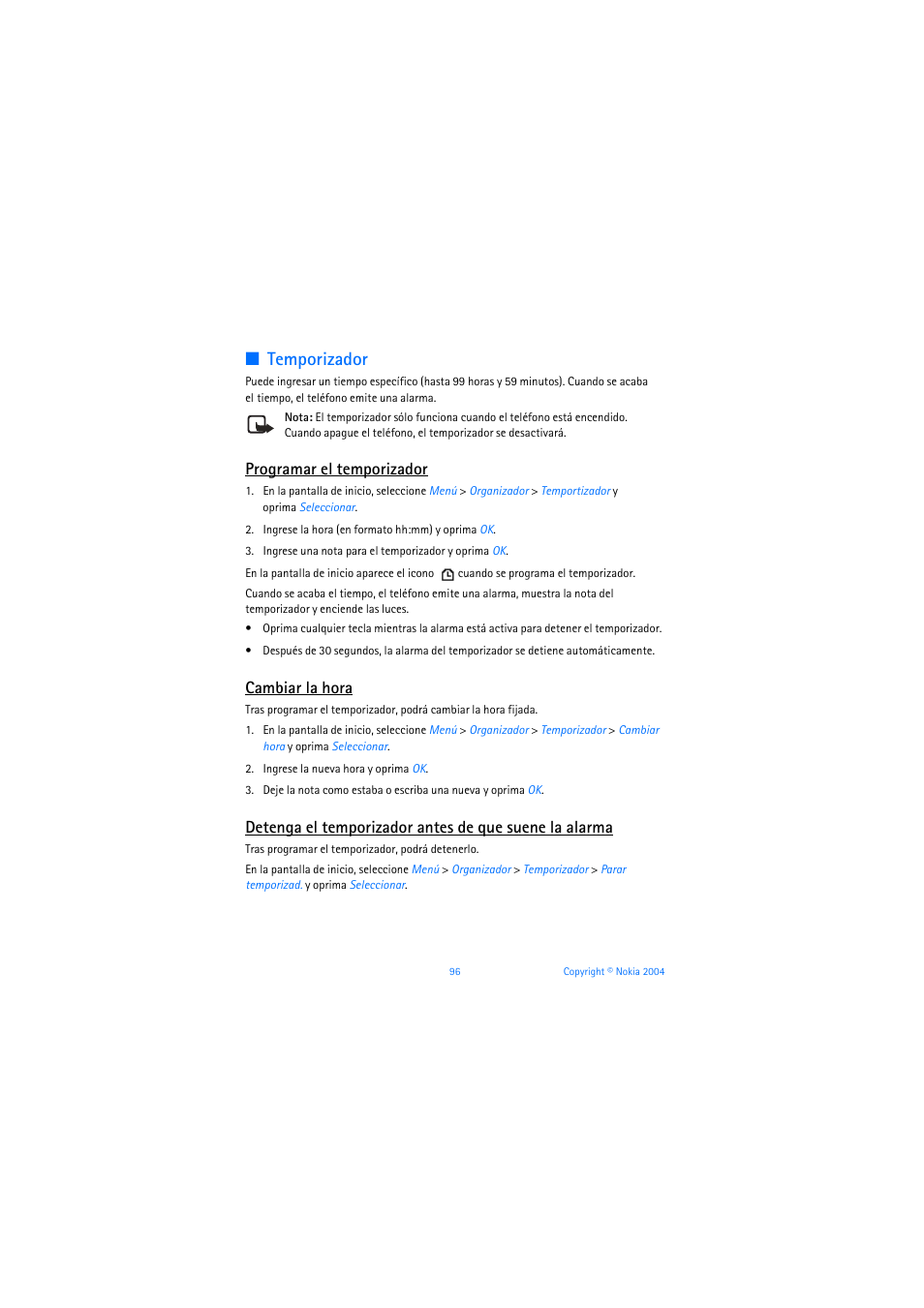 Temporizador, Programar el temporizador, Cambiar la hora | Temporizador, pág. 96 | Nokia 3205 User Manual | Page 222 / 253