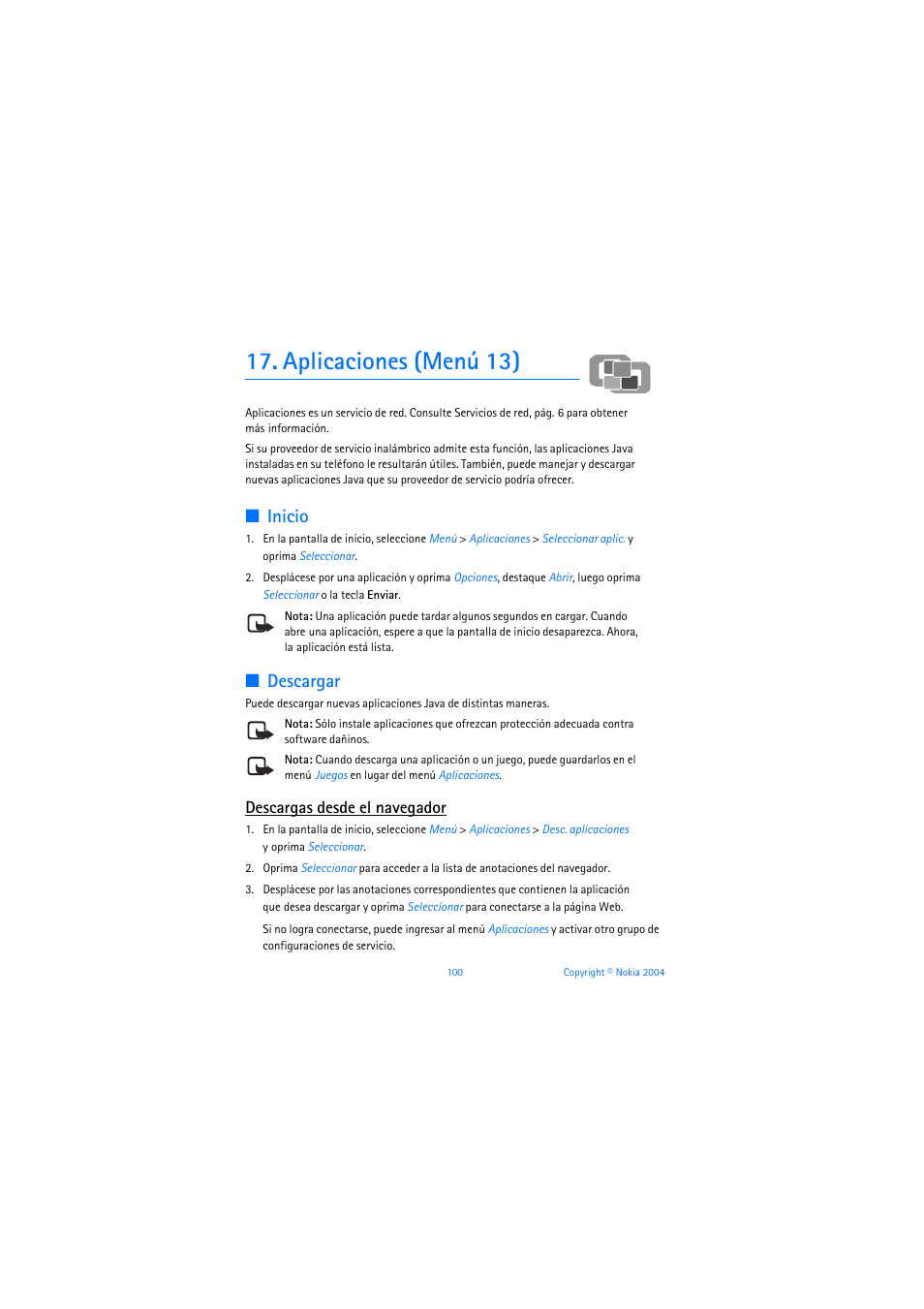 Aplicaciones (menú 13), Inicio, Descargar | Descargas desde el navegador | Nokia 3205 User Manual | Page 226 / 253