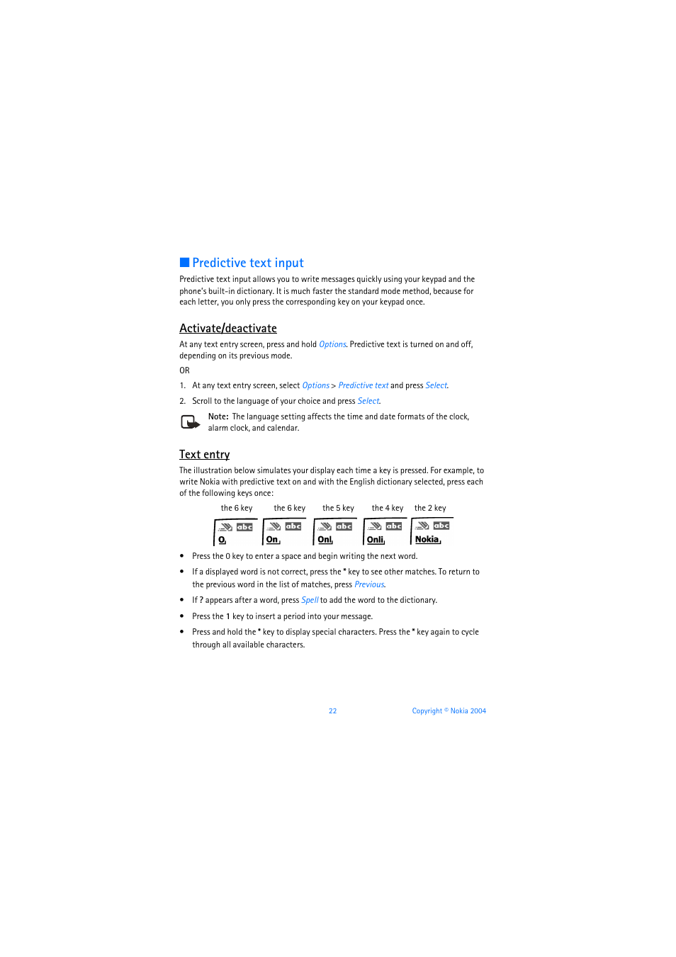 Predictive text input, Activate/deactivate, Text entry | Nokia 3205 User Manual | Page 23 / 253