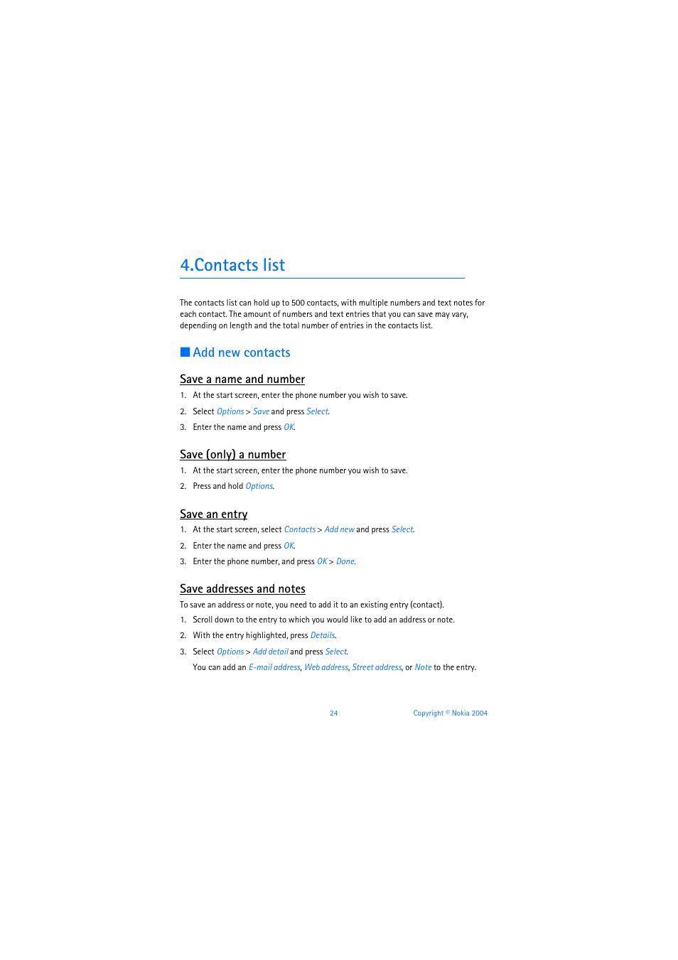 Contacts list, Add new contacts, Save a name and number | Save (only) a number, Save an entry, Save addresses and notes | Nokia 3205 User Manual | Page 25 / 253