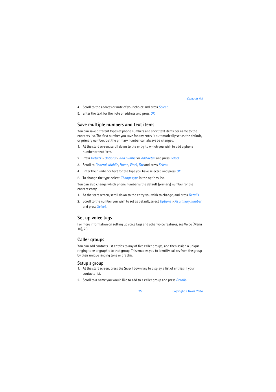 Save multiple numbers and text items, Set up voice tags, Caller groups | Setup a group | Nokia 3205 User Manual | Page 26 / 253