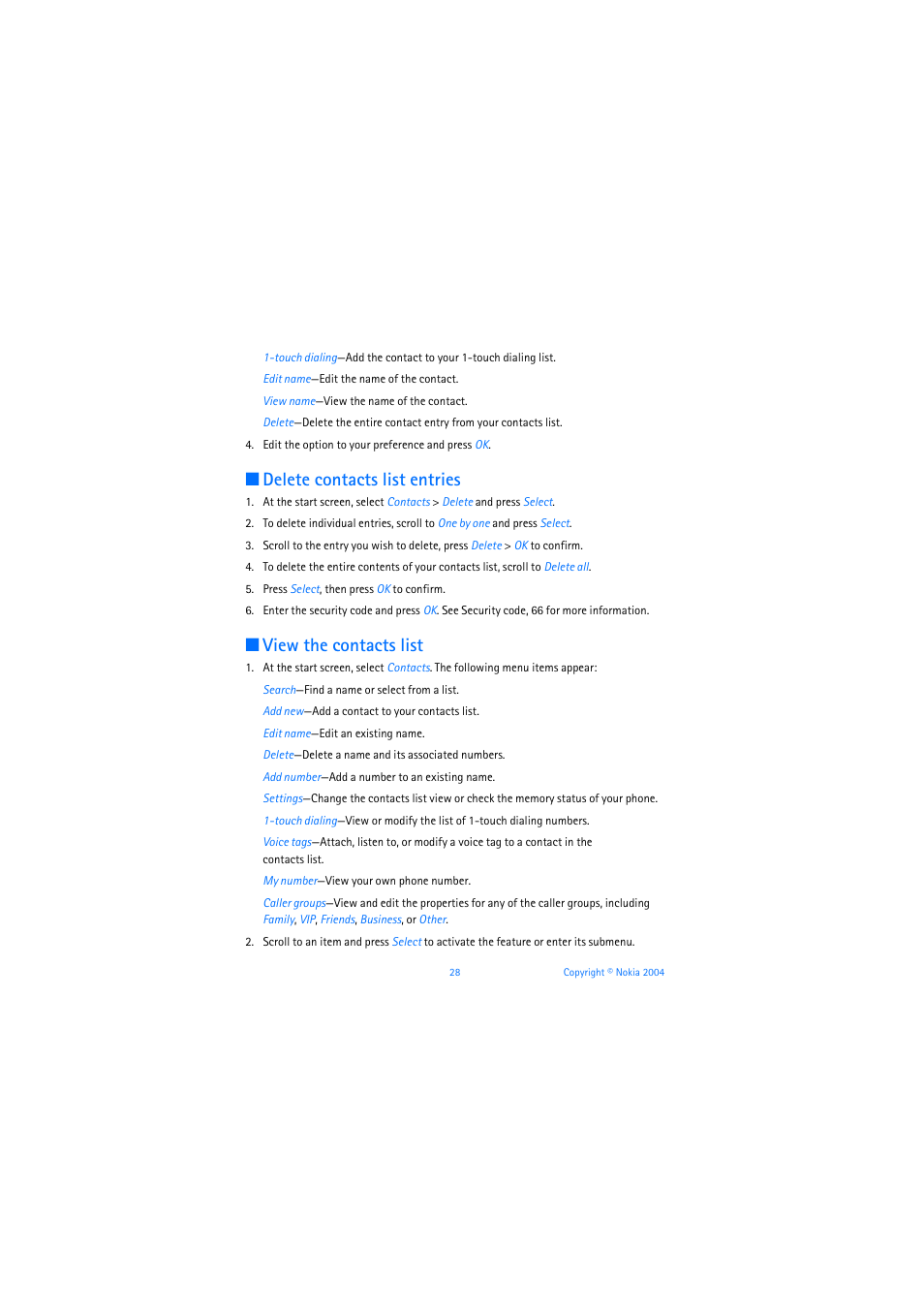 Delete contacts list entries, View the contacts list | Nokia 3205 User Manual | Page 29 / 253