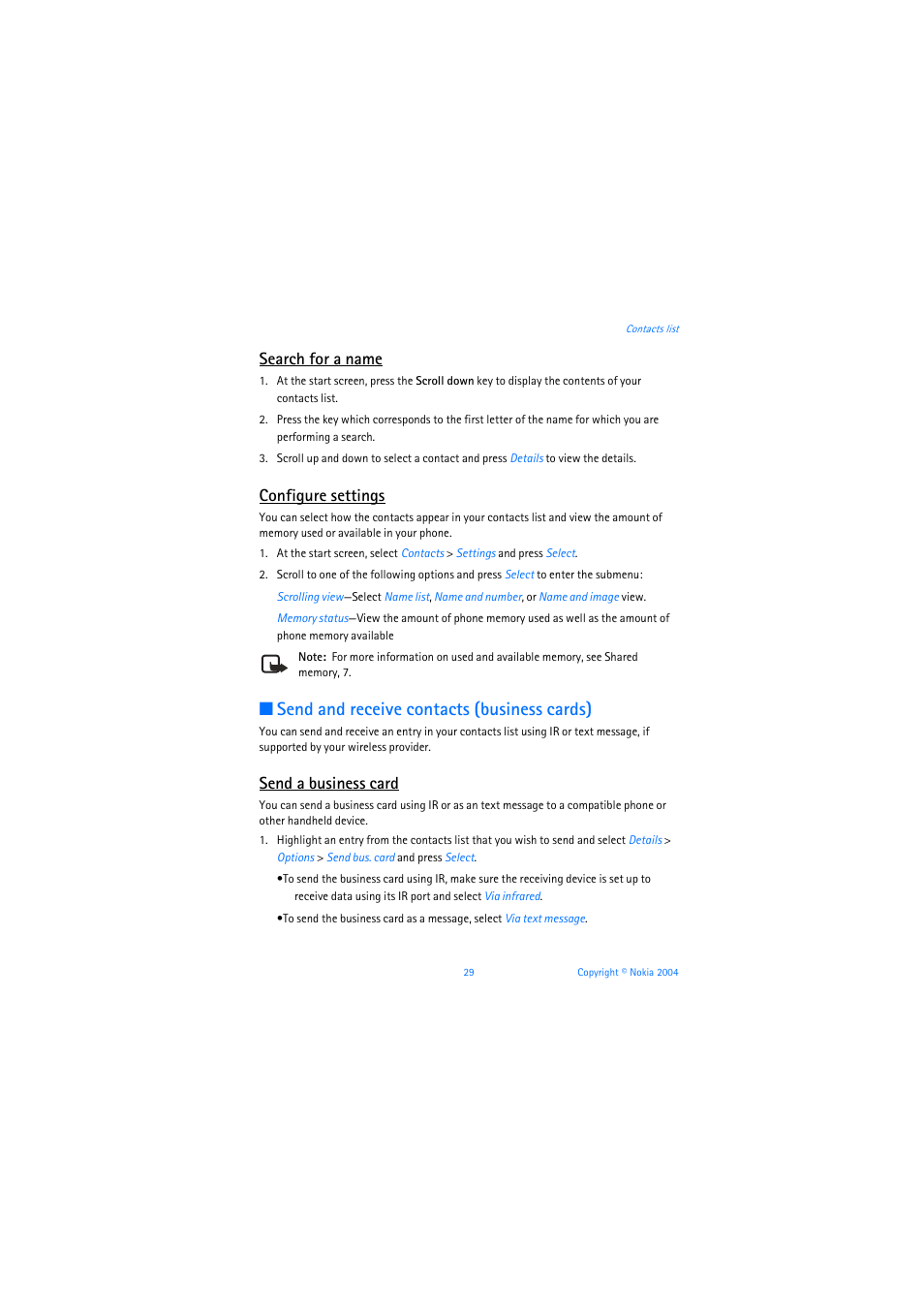 Search for a name, Configure settings, Send and receive contacts (business cards) | Send a business card | Nokia 3205 User Manual | Page 30 / 253