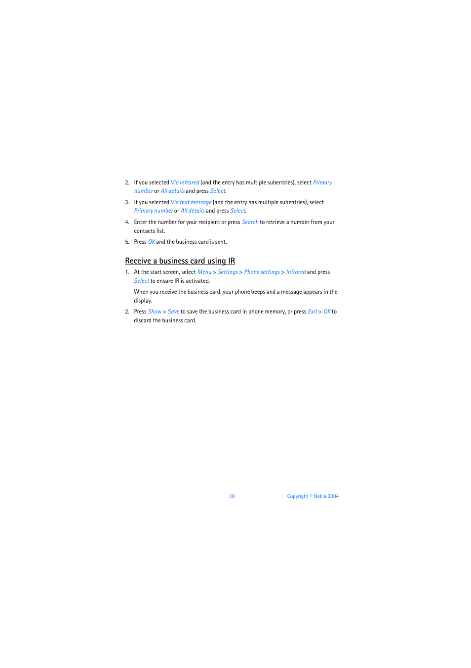 Receive a business card using ir | Nokia 3205 User Manual | Page 31 / 253