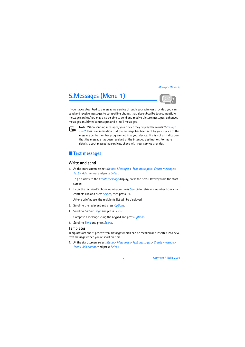 Messages (menu 1), Text messages, Write and send | Templates | Nokia 3205 User Manual | Page 32 / 253