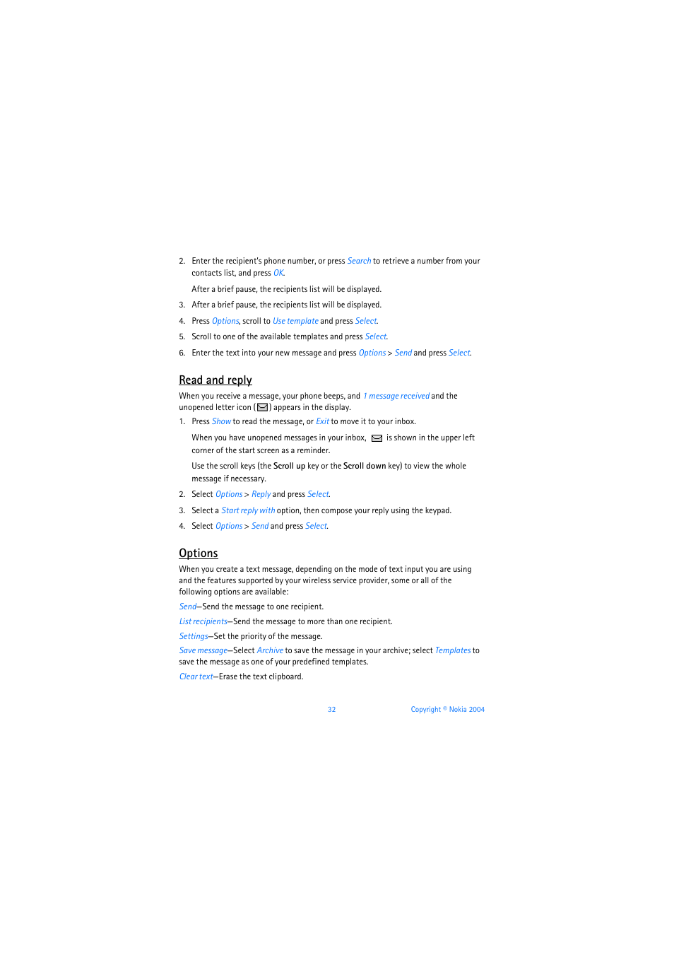 Read and reply, Options | Nokia 3205 User Manual | Page 33 / 253