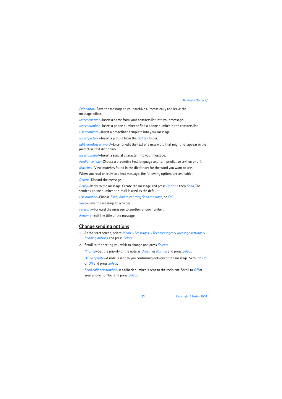 Change sending options | Nokia 3205 User Manual | Page 34 / 253