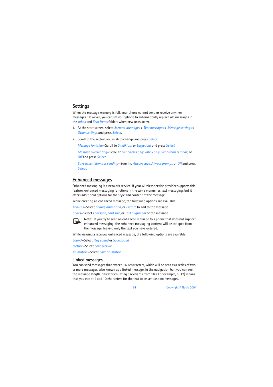 Settings, Enhanced messages, Linked messages | Nokia 3205 User Manual | Page 35 / 253