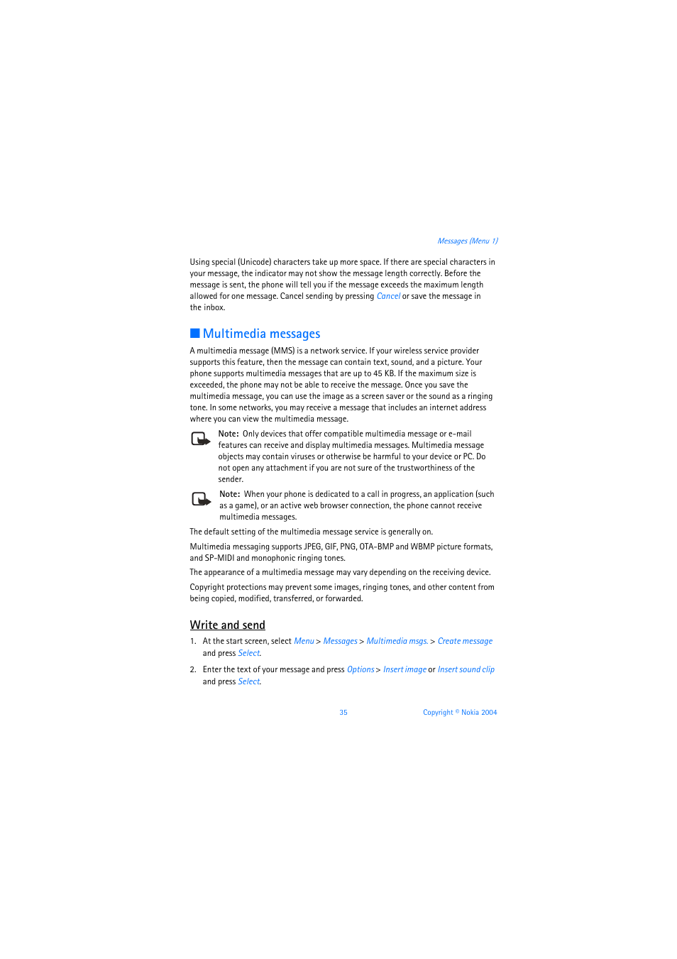 Multimedia messages, Write and send | Nokia 3205 User Manual | Page 36 / 253