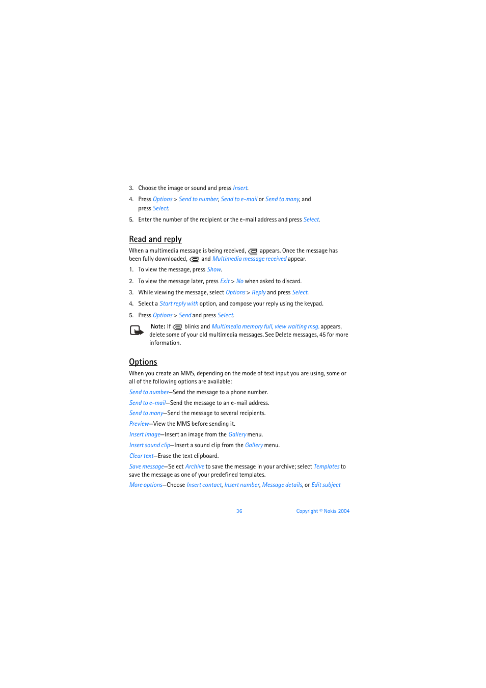 Read and reply, Options | Nokia 3205 User Manual | Page 37 / 253