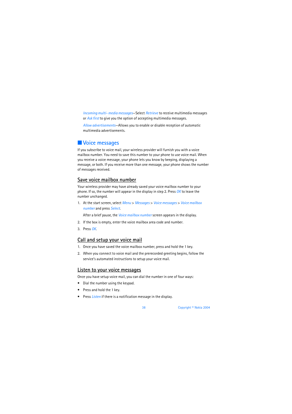 Voice messages, Save voice mailbox number, Call and setup your voice mail | Listen to your voice messages | Nokia 3205 User Manual | Page 39 / 253