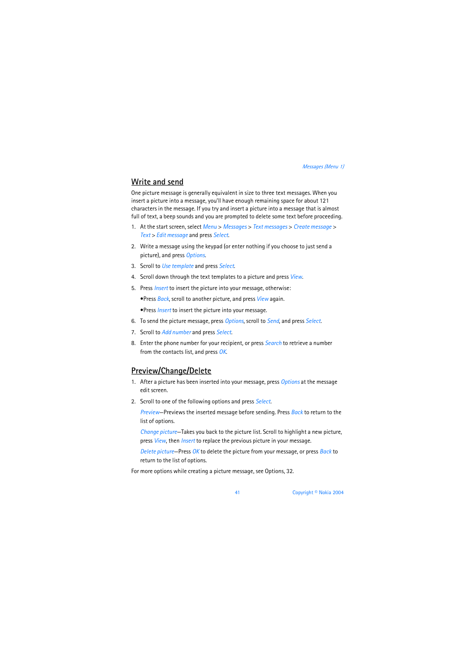 Write and send, Preview/change/delete | Nokia 3205 User Manual | Page 42 / 253