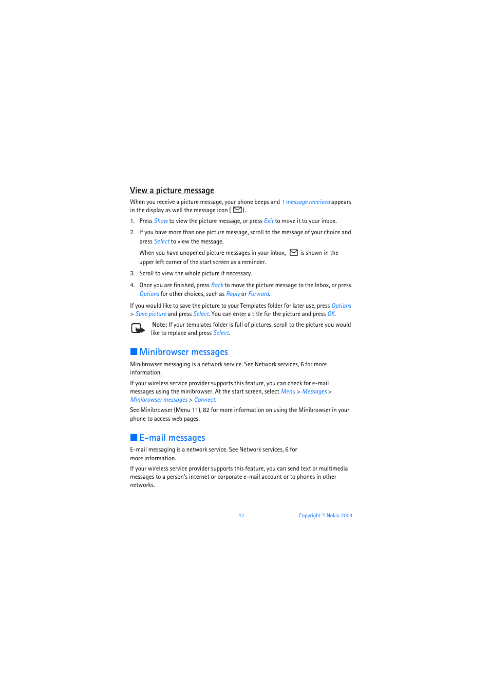 View a picture message, Minibrowser messages, E-mail messages | Nokia 3205 User Manual | Page 43 / 253